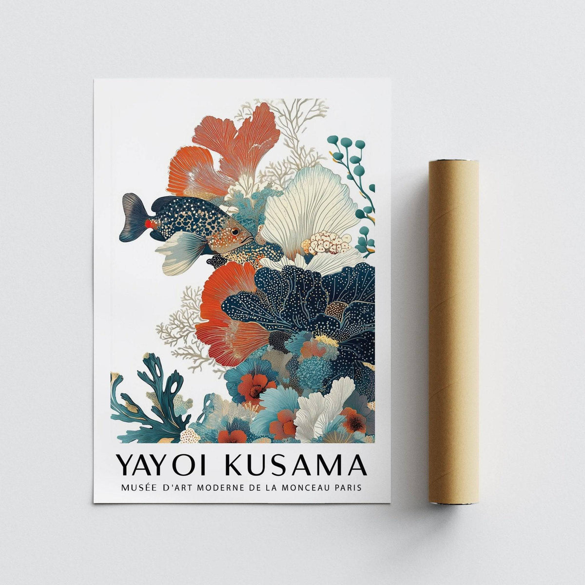 Tropical Fish Poster lying flat with packaging tube showing coral and fish illustration in blue and orange tones