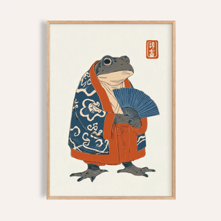 Framed Frog In Kimono Print showing a frog in a blue and orange kimono holding a blue fan