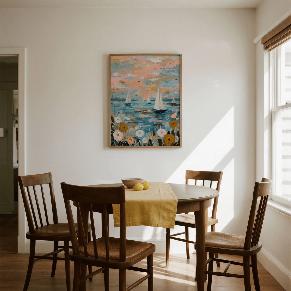 Sailboat wall art with abstract watercolour sailboats and flowers above a dining table with wooden chairs