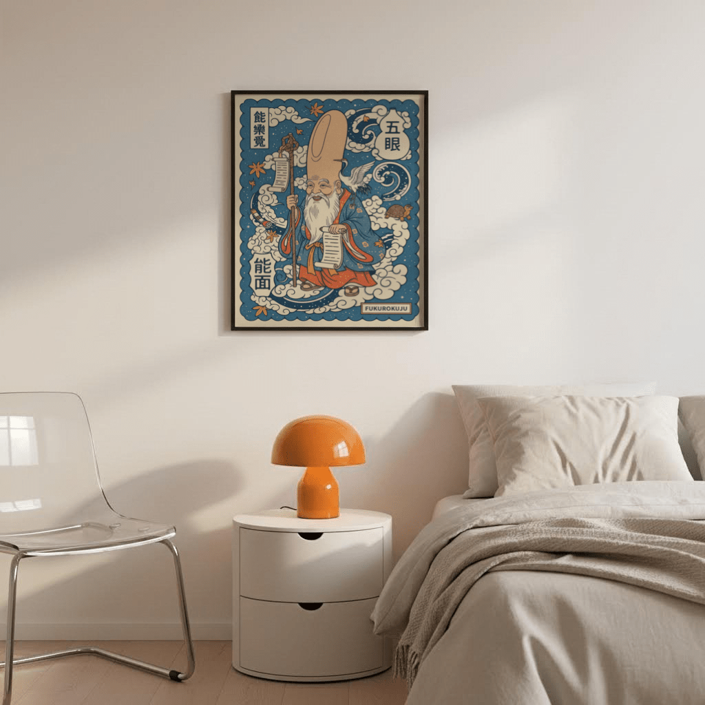 Fukurokuju wall art in Japanese woodblock style with blue and orange tones above a white bedside table with an orange lamp