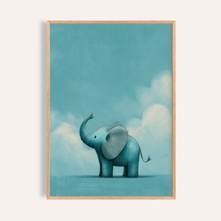 Nursery Animal Poster with blue baby elephant illustration in minimalist style against a blue sky background