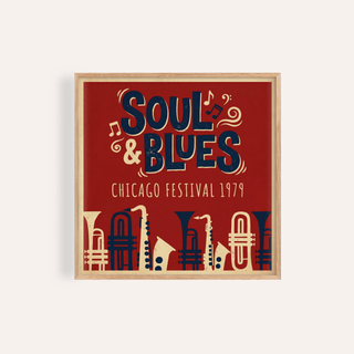 Framed Soul Blues Festival Art with retro style typography and musical instruments on a red background
