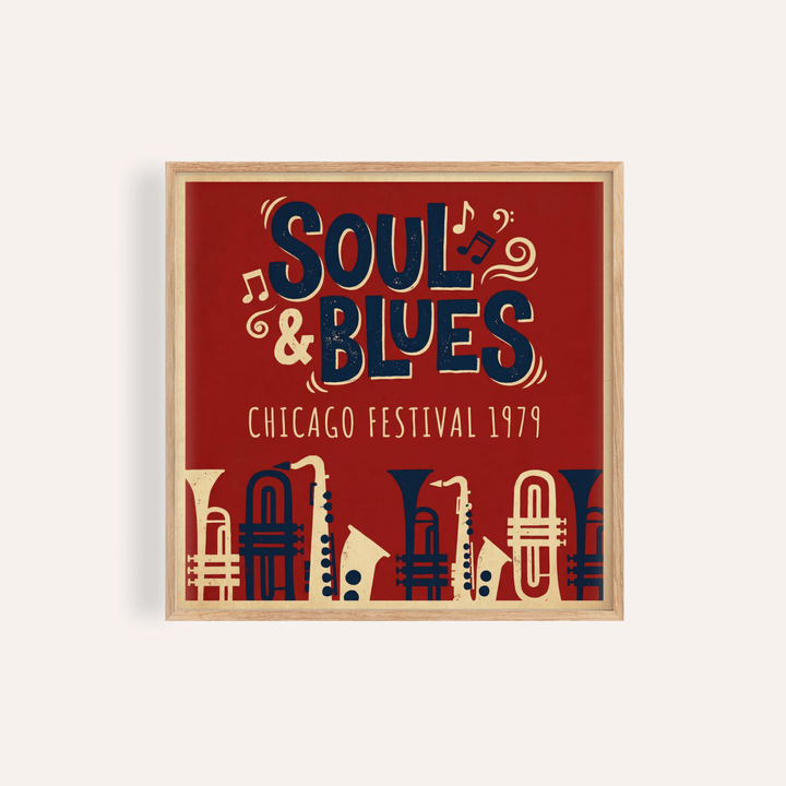 Framed Soul Blues Festival Art with retro style typography and musical instruments on a red background