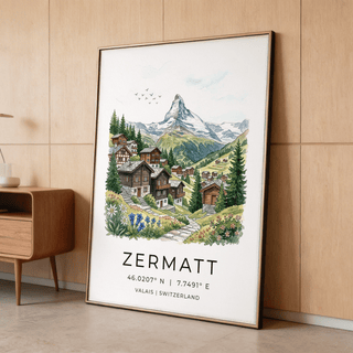 Framed Zermatt Switzerland art print of Matterhorn mountain and alpine village leaning on wooden floor near cabinet