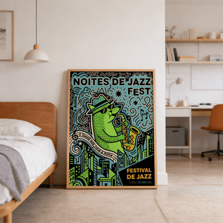 Print leaning on floor featuring Lisbon Jazz Poster of green cat playing saxophone in pop-art style in a bedroom