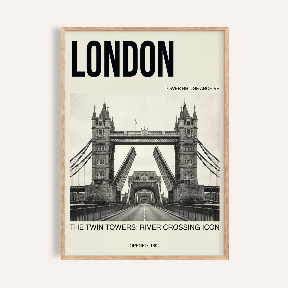 Framed Tower Bridge Art Print showing the bridge with black typography on a cream background