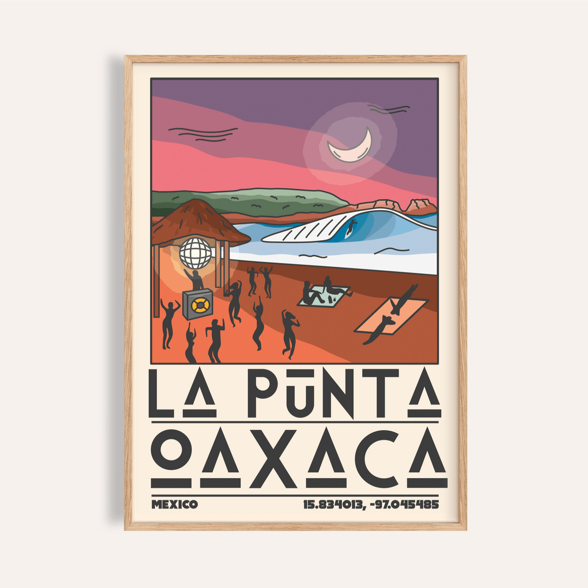 Framed La Punta Oaxaca wall art with a minimalist beach scene in sunset colours on a cream background