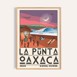 Framed La Punta Oaxaca wall art with a minimalist beach scene in sunset colours on a cream background