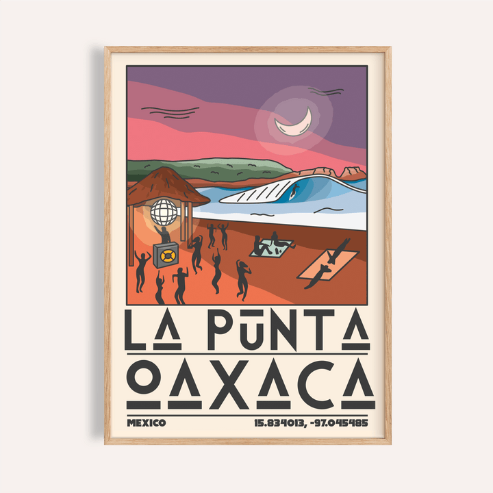 Framed La Punta Oaxaca wall art with a minimalist beach scene in sunset colours on a cream background