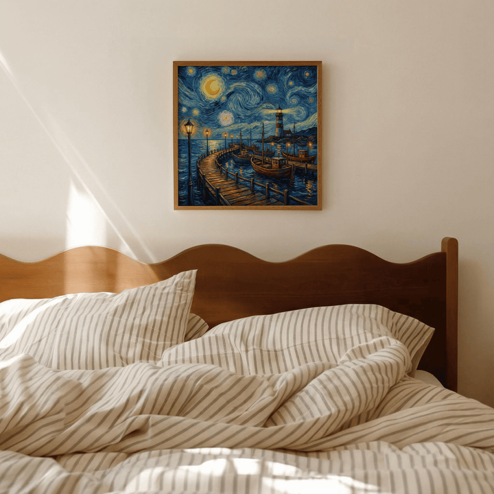 Van Gogh Poster framed print of a lighthouse pier at night with swirling stars above a bed
