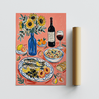 Wine and Seafood Decor print with grilled fish and lemons beside a packaging tube on a white surface