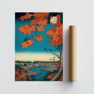 Japanese Landscape Art Print with red maple leaves and blue sky with a packaging tube beside it