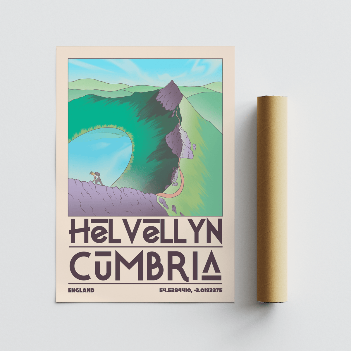 Helvellyn Cumbria wall art illustration with mountain hiker and green hills beside a packaging tube