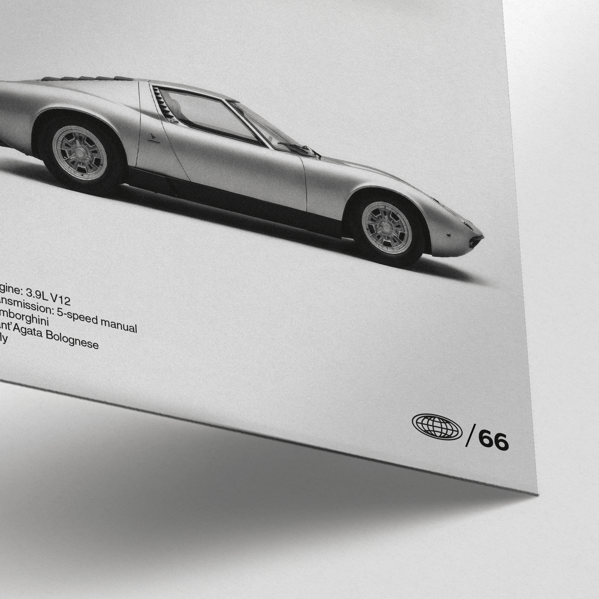 Detail close-up of Classic 1960s Supercar Poster with black and white car image and text