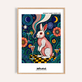 Framed print of colorful rabbit art print with a white and red rabbit smoking against a vibrant blue background