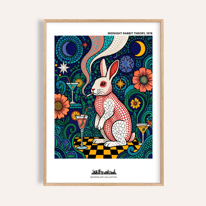 Framed print of colorful rabbit art print with a white and red rabbit smoking against a vibrant blue background
