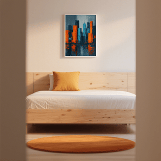 Abstract City Poster print of a city skyline in orange and blue above a wooden bed with an orange cushion