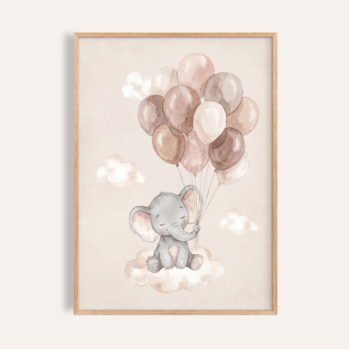 Framed print of a baby elephant holding balloons in soft neutral watercolour tones