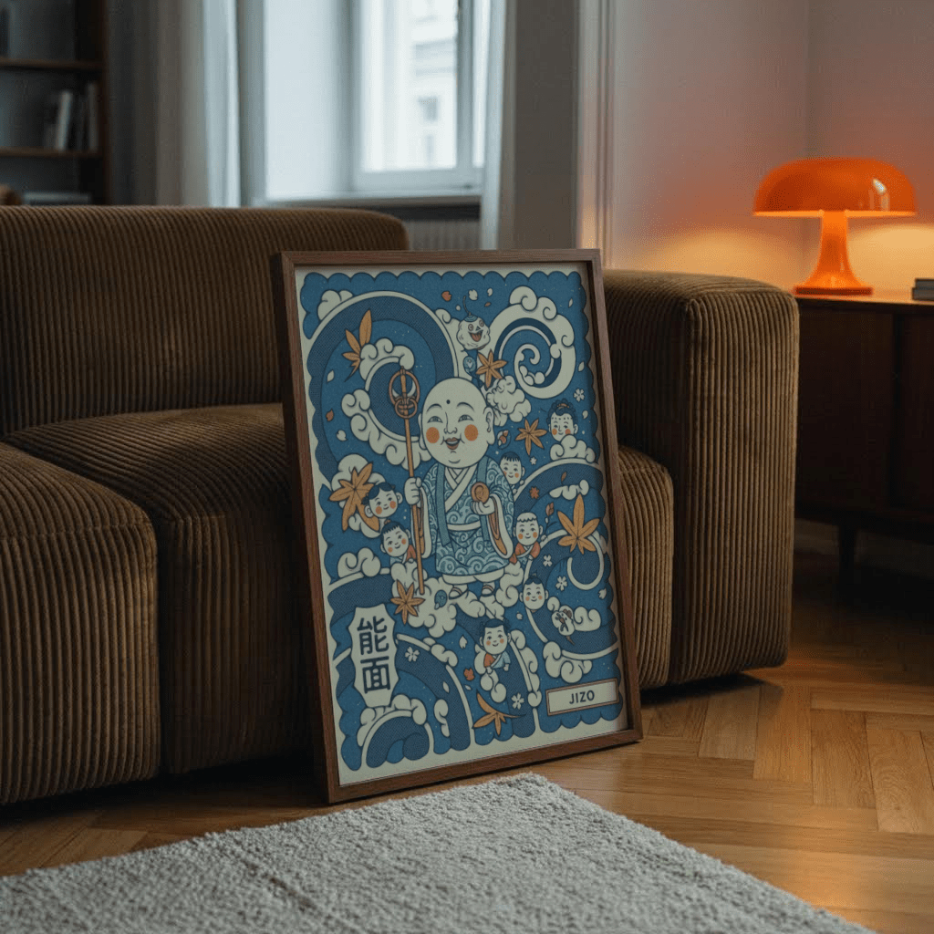 Print of Jizo Art illustration leaning on a brown sofa with a glowing orange lamp nearby
