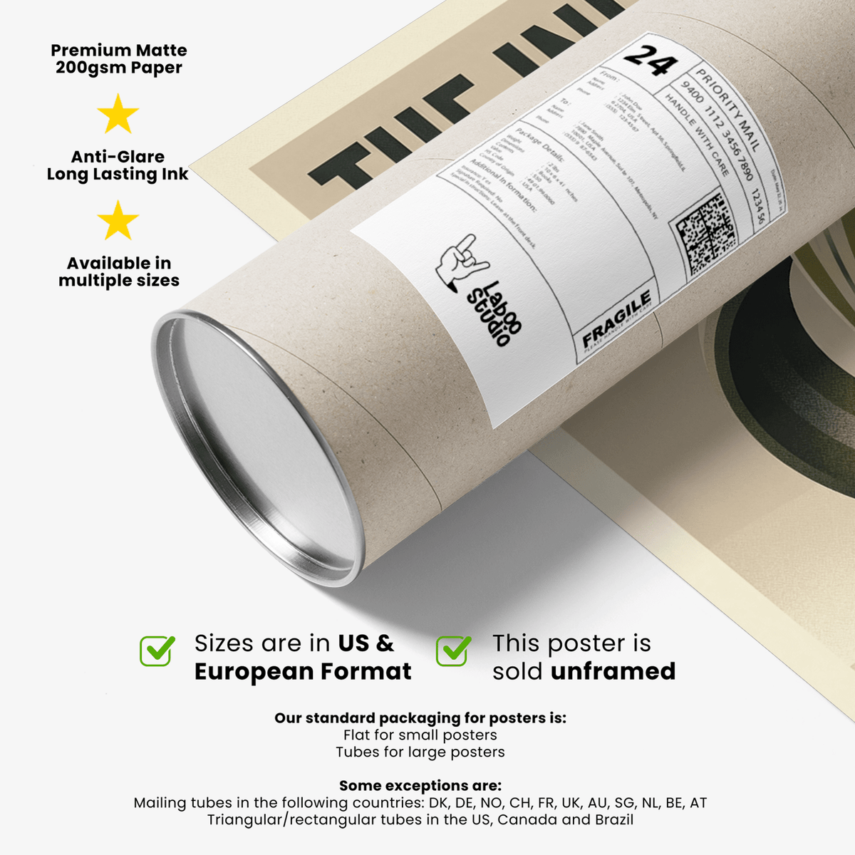 Packaging tube with a shipping label containing the surrealist golf art print design