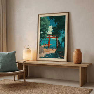 Print leaning on a bench of a red torii gate by the sea in muted blues and greens beside a lamp