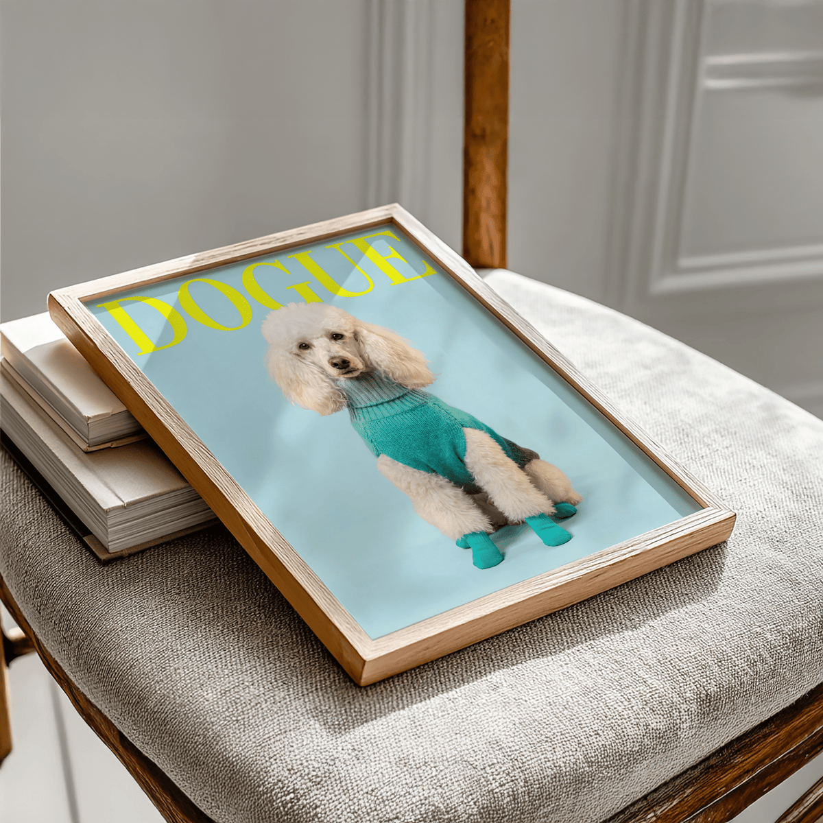 Framed Pet Wall Decor print of a white poodle in a teal sweater lying on a chair seat