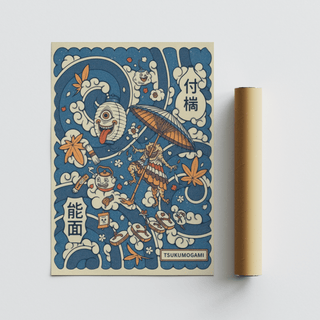 Tsukumogami art print with blue and orange spirits next to a packaging tube