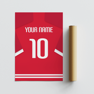 Football shirt poster in red with white number 10 and custom name next to packaging tube