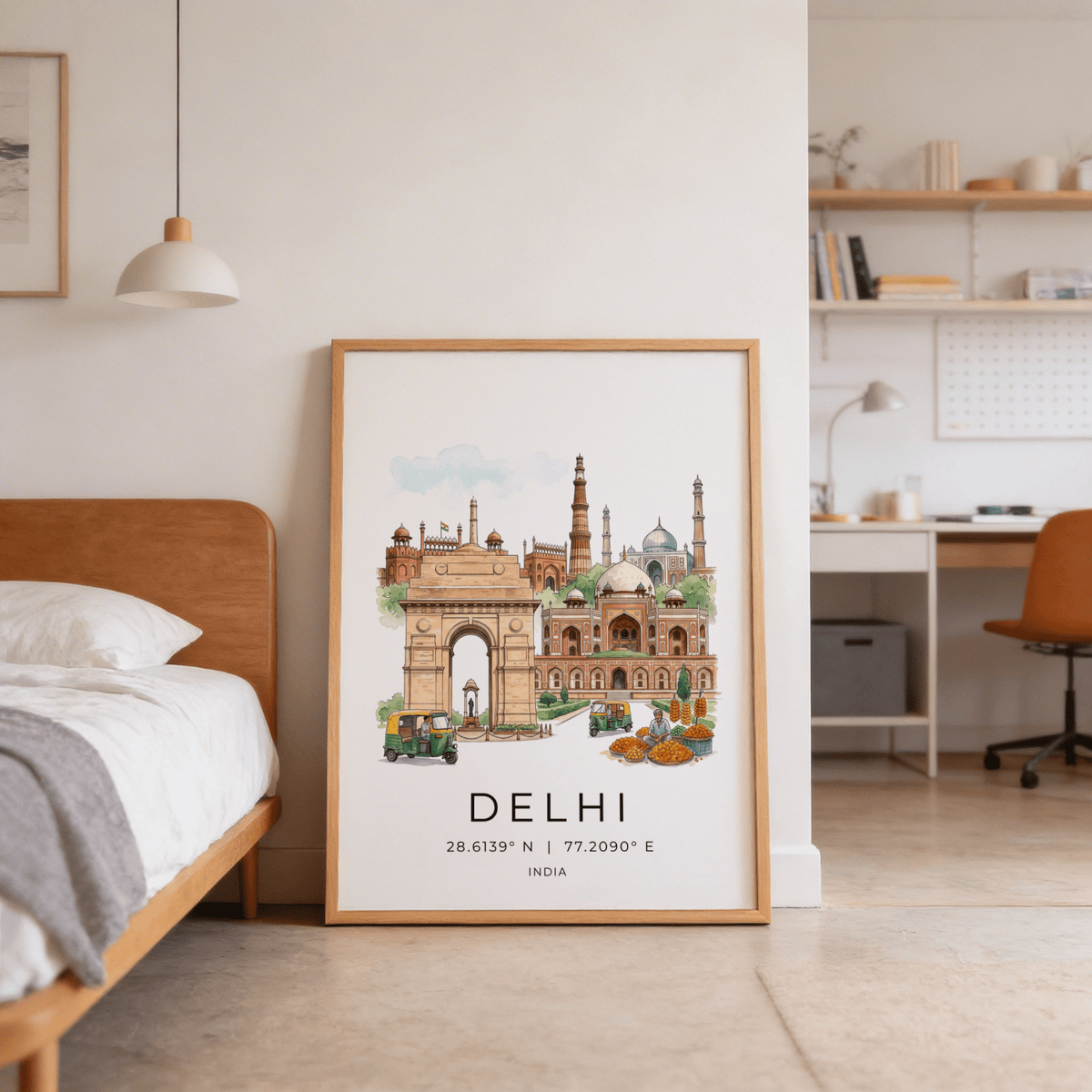 Print leaning on floor of Delhi Landmark Art Print with India Gate and monuments in soft watercolour tones in a bedroom