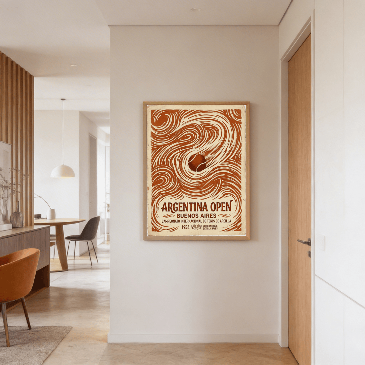 Argentina Open Poster print of a vintage tennis ball illustration in brown and cream on a hall wall
