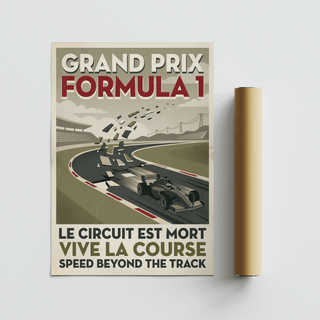 Motorsport art print showing a streamlined race car on a curve with large stacked title lettering