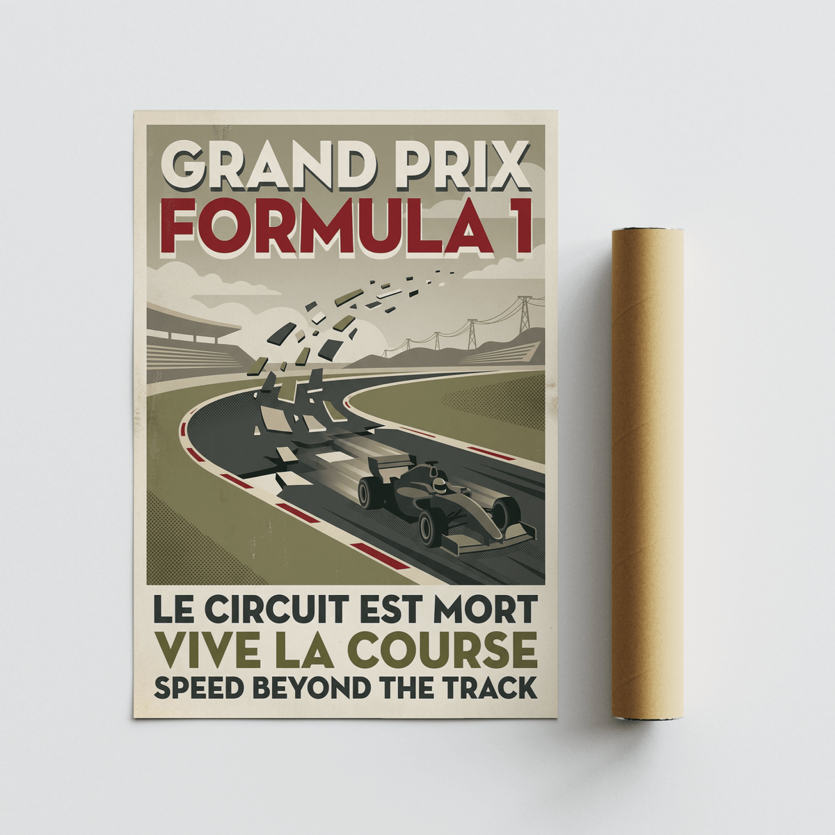 Motorsport art print showing a streamlined race car on a curve with large stacked title lettering