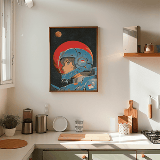 Space Girl Art print on a kitchen wall with contemporary illustration in blue and red tones near cutting boards