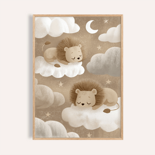 Framed Lion Nursery Art of two sleeping lions on white clouds with moon and stars