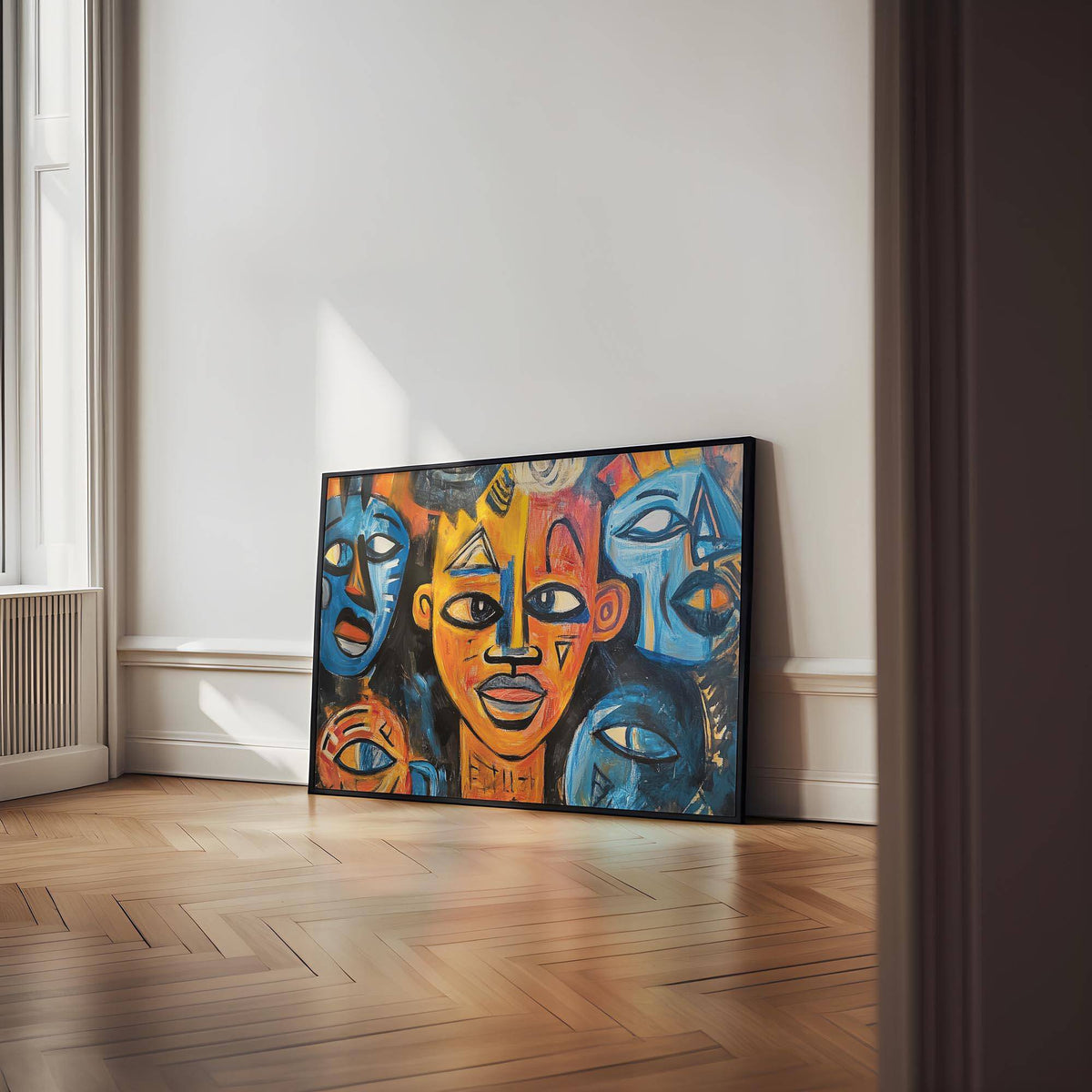 Abstract African wall art with tribal faces in blue and orange colours leaning against a white wall
