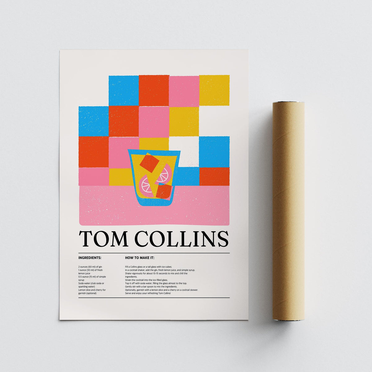 Tom Collins minimalist typographic illustration with colourful blocks laid flat next to a packaging tube