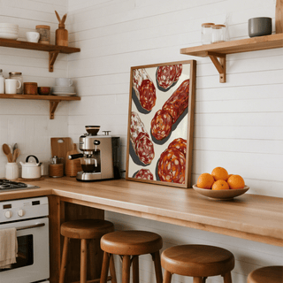 Print leaning on kitchen counter of Italian Salami Print with red and white slices and a bowl of oranges
