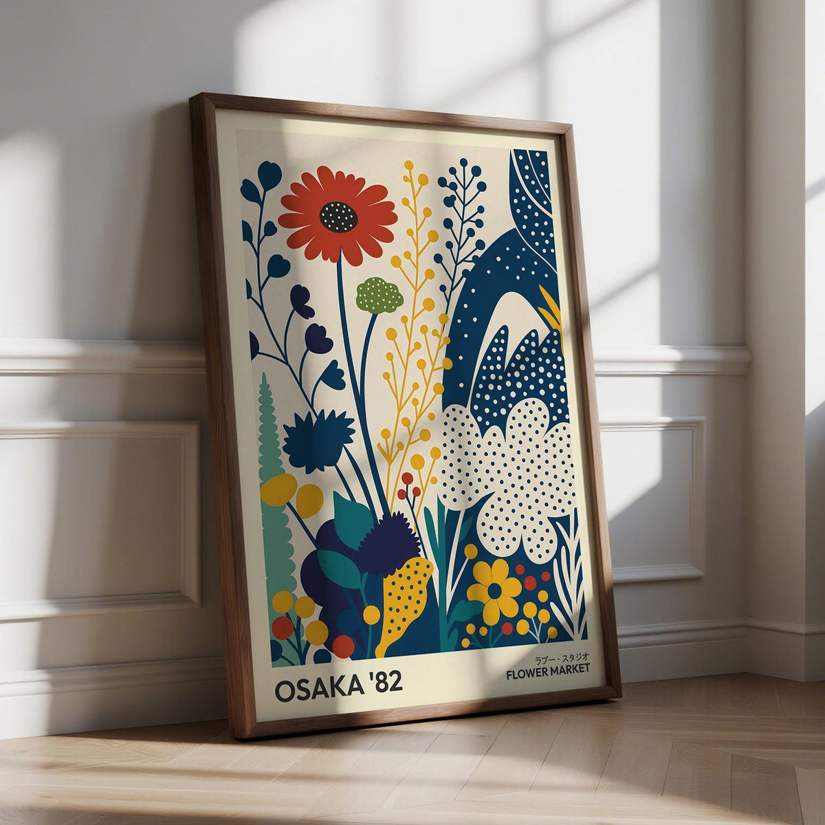 Poster flowers print leaning on floor with window light and wall panelling background