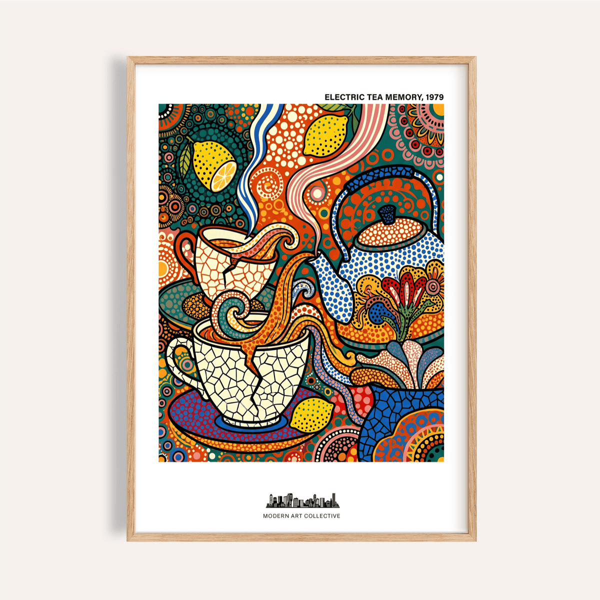 Framed Tea Time wall art of abstract tea cups and a teapot in bright folk-art colours