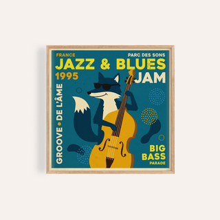 Jazz Blues Art illustration of a fox playing a yellow double bass on a blue background with retro text