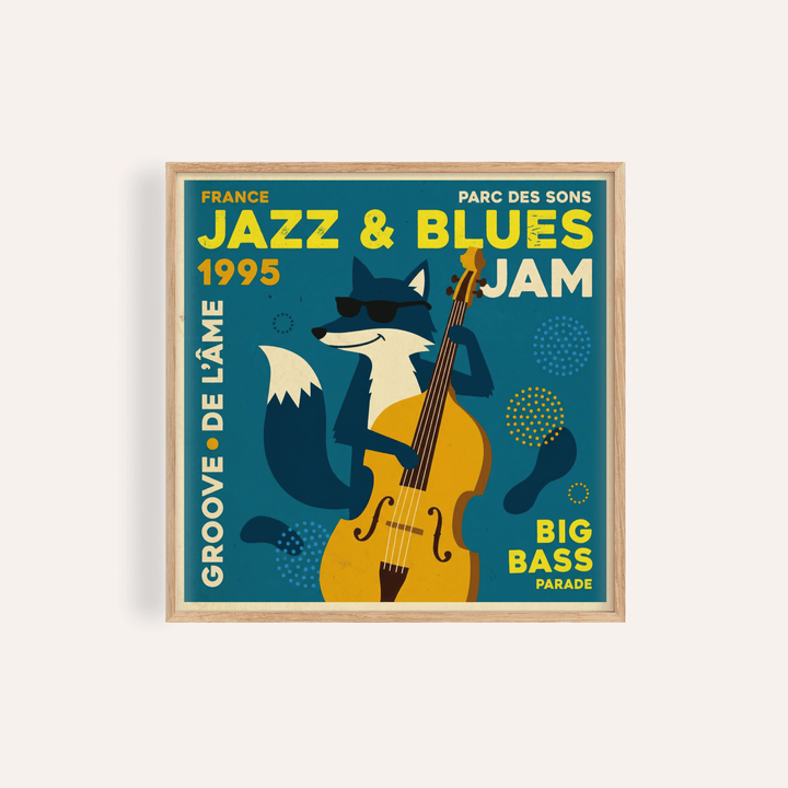 Jazz Blues Art illustration of a fox playing a yellow double bass on a blue background with retro text