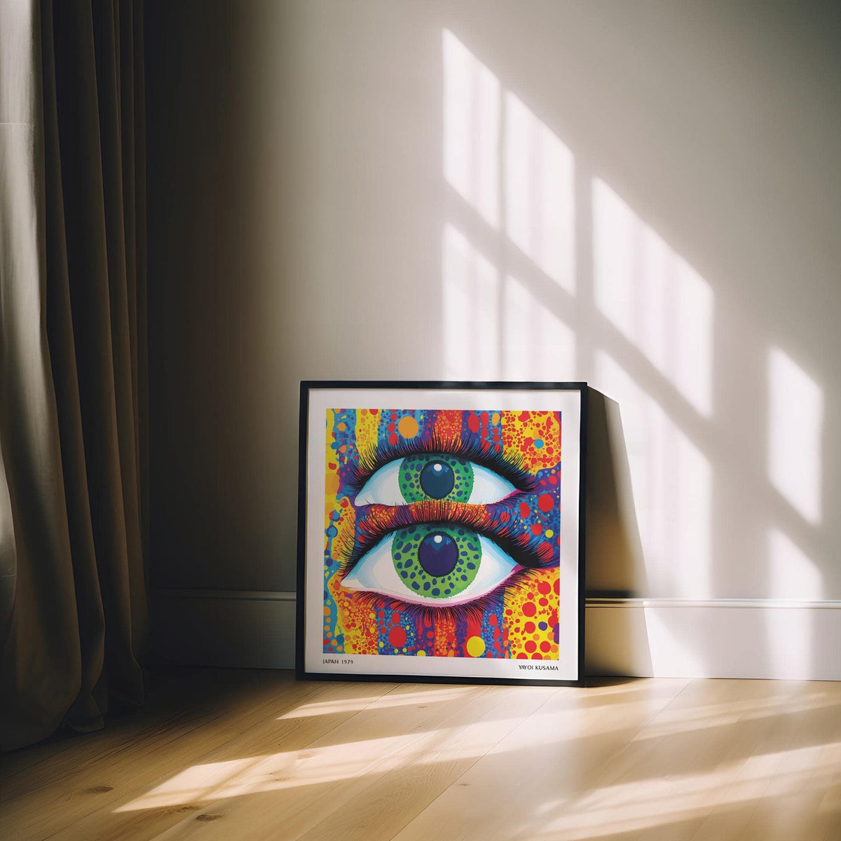 Colorful pop art print leaning on the floor with green eyes and bright patterns lit by sunlight