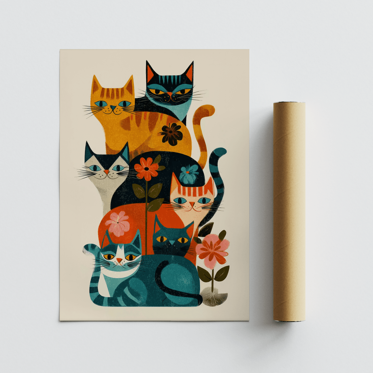 Rolled print with retro cat illustration in orange green and blue with flowers
