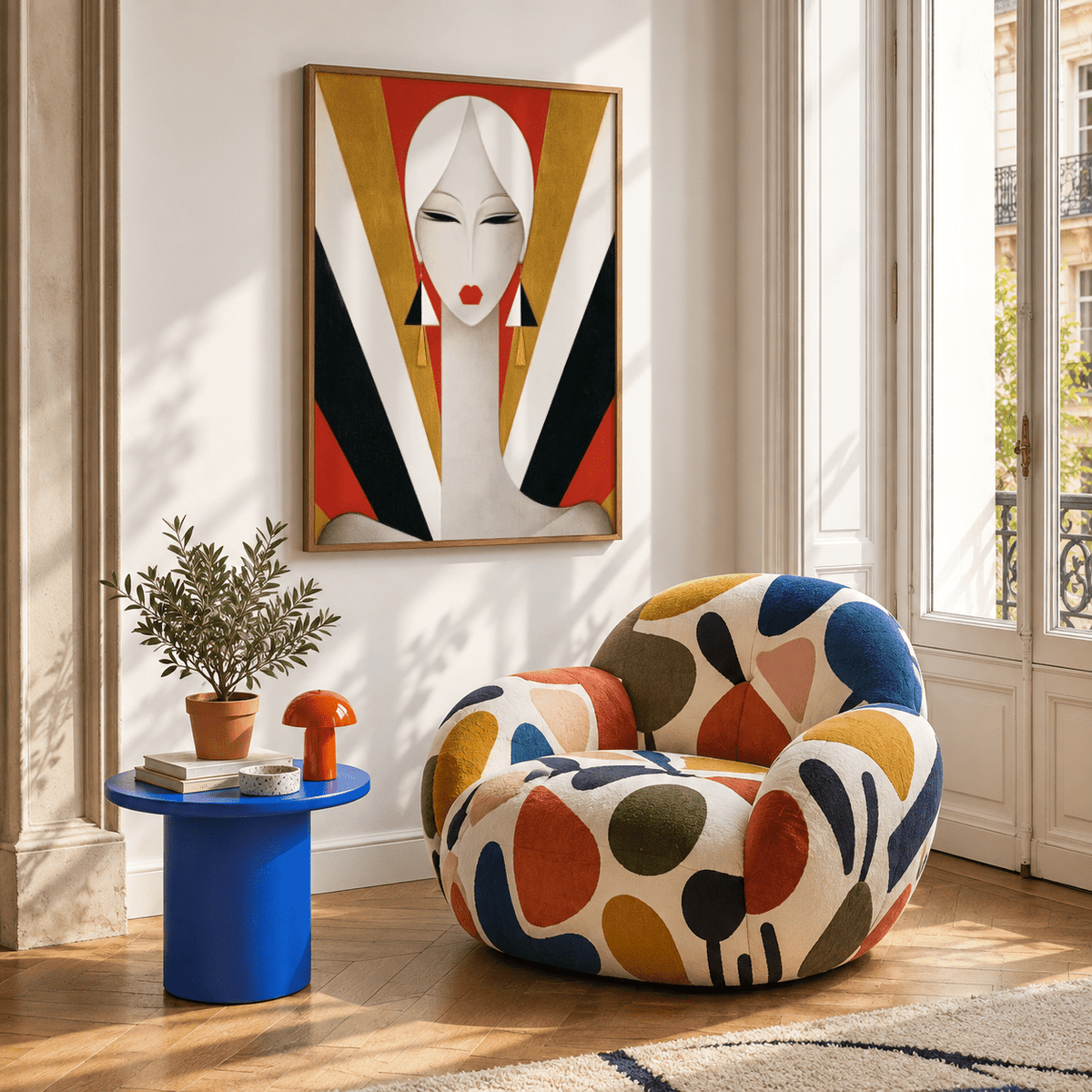 Art Deco Woman Portrait Print on a wall with bold geometric shapes in red, gold and black near a colourful armchair