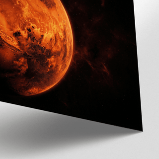 Close-up of Mars wall art showing detailed orange and red planet surface against black space