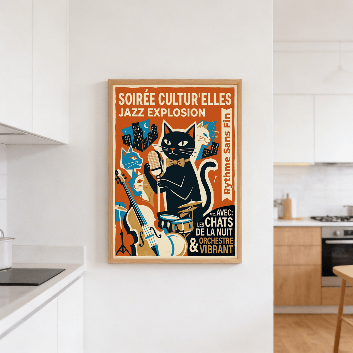 Vintage Jazz Poster print of a black cat with a microphone and musical instruments in a kitchen