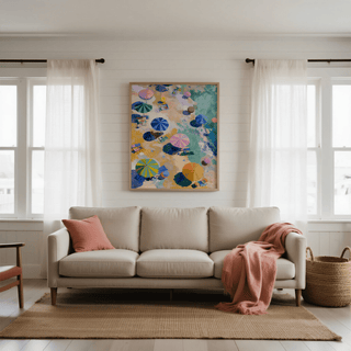 Beach Umbrellas Print on a wall above a sofa in a bright living room with sheer curtains