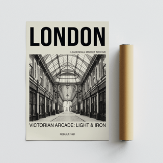 Victorian London art print with a photographic interior of the arcade next to a rolled packaging tube