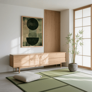 Green Wabi Sabi Print framed print on a white wall above a wooden sideboard in a minimalist room with a plant