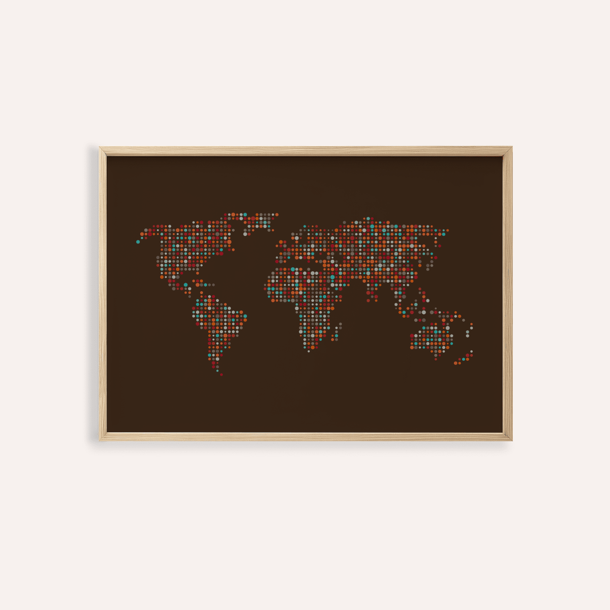 Framed Map Of The World Poster with multicoloured dots on a dark brown background wooden frame